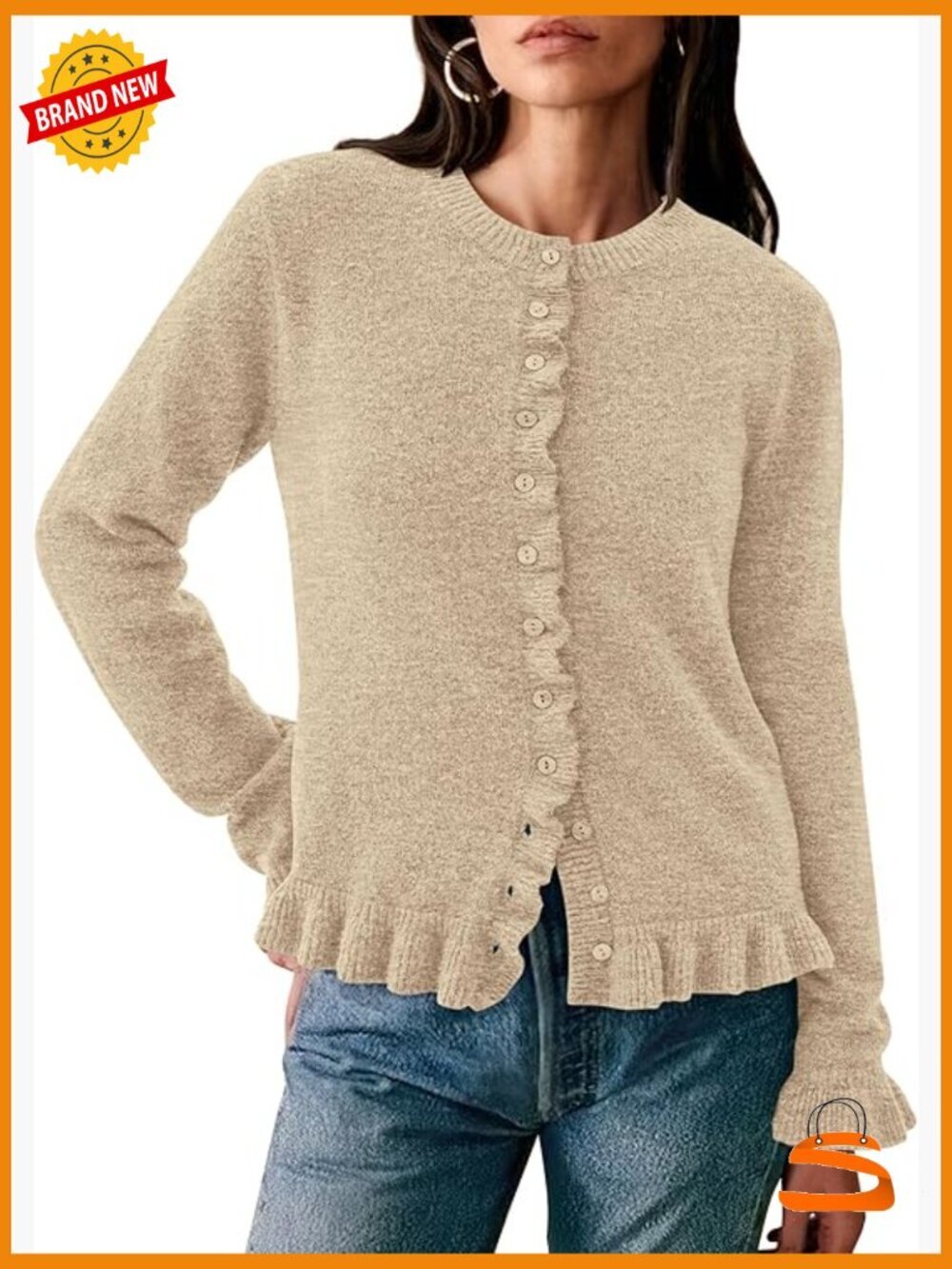 Chunky Knit Ruffle Cardigan Crewneck Open Front Cropped Sweater